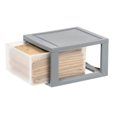 14 Quart Medium Plastic Drawers Under Bed Storage Bins Stackable Modular Organizer For Closets And Dorm Rooms Space Saving And Tidy Up Your Clothes Accessories And Small Items, side view showing clear plastic with towels inside