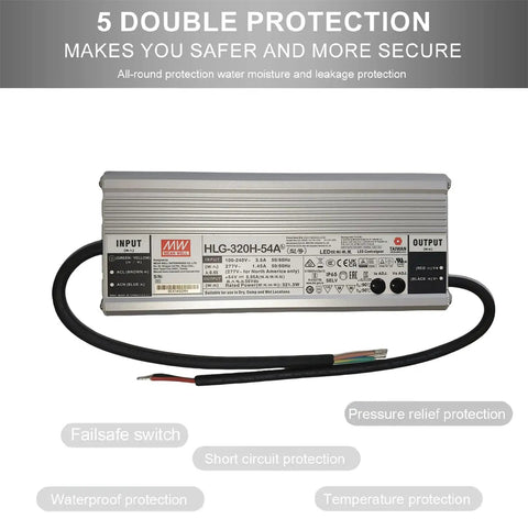 Top Shelf 320W Constant Current LED Driver Supply Delivering A Solid 54V Output, showcasing input and output specifications on a waterproof design.