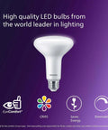 LED BR30 Dimmable Light Bulb 2200K Ultra Definition Cozy Warm White displayed on a purple background with icons for features.
