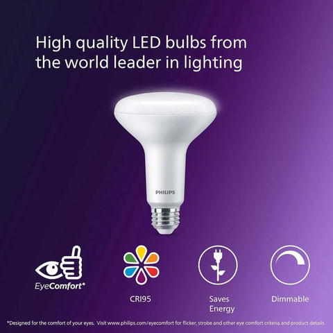 LED BR30 Dimmable Light Bulb 2200K Ultra Definition Cozy Warm White displayed on a purple background with icons for features.