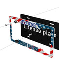 Two Pack Patriotic License Plate Frames For The 250th Anniversary Stars And Stripes Aluminum Plate Holder displayed with screws
