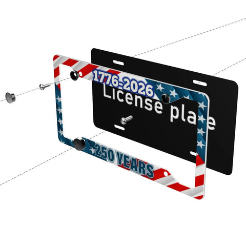 Two Pack Patriotic License Plate Frames For The 250th Anniversary Stars And Stripes Aluminum Plate Holder displayed with screws