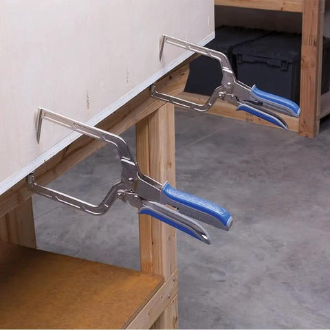 Automaxx Right Angle Clamp Set Two Pack securing wood board, showing auto thickness adjustment and 90 degree joints with contoured grips.