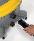 Close-up of Contractor Series Pro Wet Dry Vac For Heavy Duty Jobsite Cleanup Sixteen Gallon Workhorse Six Point Five Peak HP Shop Vacuum hose connection.