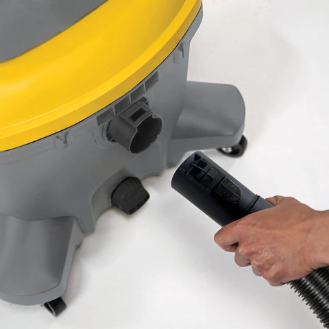 Close-up of Contractor Series Pro Wet Dry Vac For Heavy Duty Jobsite Cleanup Sixteen Gallon Workhorse Six Point Five Peak HP Shop Vacuum hose connection.