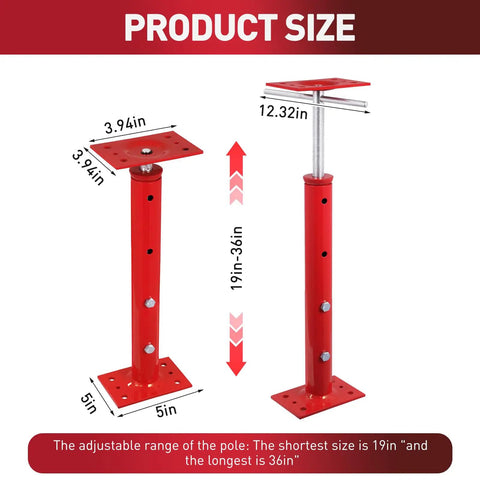 Four Pack Adjustable House Jacks For Floor Leveling And Crawlspace Support Built Like A Tank Heavy Duty Rust Proof Steel Prop 19 To 36 Inches Range product size diagram showing dimensions and adjustable range.