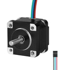 Front view of Nema 14 stepper motor, black housing with silver mounting tabs, protruding shaft, and 4-wire cable.