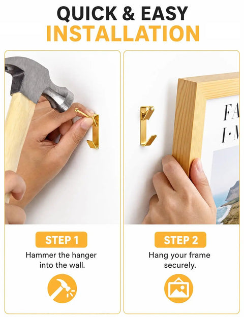 270 Piece Picture Hanging Kit With Nails Heavy Duty Hooks Holds 10 To 100 Lbs Assorted Sizes For Gallery Walls Easy DIY Setup No Hassle Trip To The Hardware Store, gold hook installation