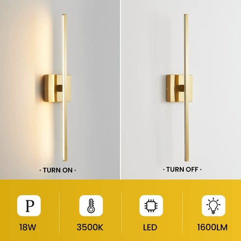 Gold Vanity Light Over Mirror 24 Inch LED 18W, Dope Warm 3500K Modern Bathroom Sconce shown turned on and off