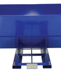 Solid Workhorse Steel Self Dumping Hopper For Forklift 3 Cubic Yard with quick auto drop, front view, blue color.