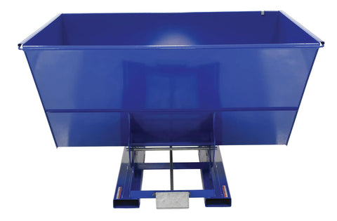 Solid Workhorse Steel Self Dumping Hopper For Forklift 3 Cubic Yard with quick auto drop, front view, blue color.
