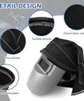 Welding Helmet Cover Pro Grade Extended Head Cover With Press Fit Seal Full Protection Cotton Welding Head Cover For Most Helmets Easy Install Weld Hood Accessory Black shown with stitching and material details.