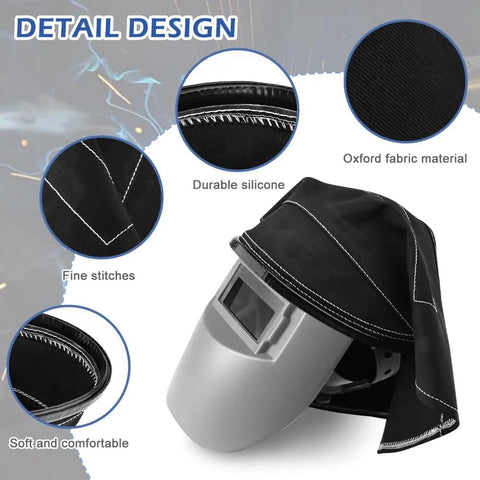 Welding Helmet Cover Pro Grade Extended Head Cover With Press Fit Seal Full Protection Cotton Welding Head Cover For Most Helmets Easy Install Weld Hood Accessory Black shown with stitching and material details.