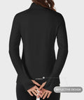 Back view of black Cozy Womens Quarter Zip Fleece Lined Pullover With Thumb Holes Lightweight Thermal Long Sleeve V Neck Shirt Size Large