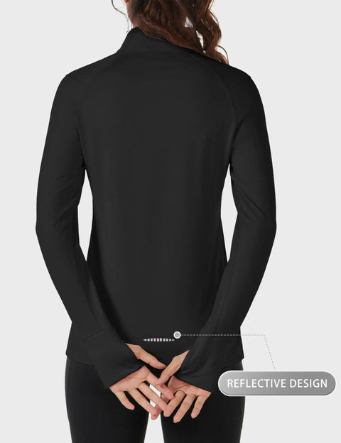 Back view of black Cozy Womens Quarter Zip Fleece Lined Pullover With Thumb Holes Lightweight Thermal Long Sleeve V Neck Shirt Size Large