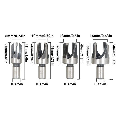 8 Piece Heavy Duty Carbon Steel Wood Plug Cutter Drill Bit Set With Straight And Taper Claw Heads for various sizes and precision cuts.