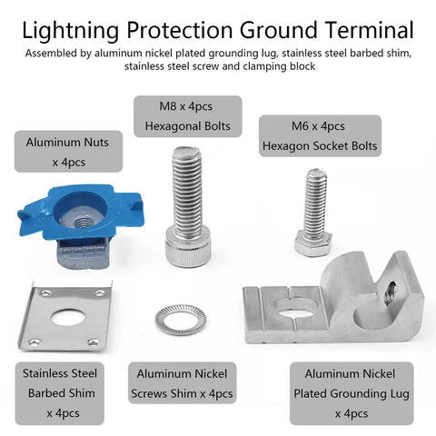 Lightning protection ground terminal parts for No Sweat Solar Panel Grounding Lug With Bolt On Cable Clamp and Heavy Duty Nuts.
