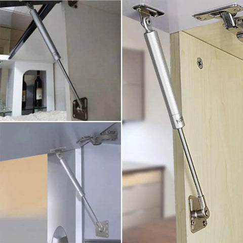 Heavy Duty 10 Inch Gas Struts 2 Pack Soft Close Cabinet Lift Supports mounted on cabinets for silent operation and smooth support.