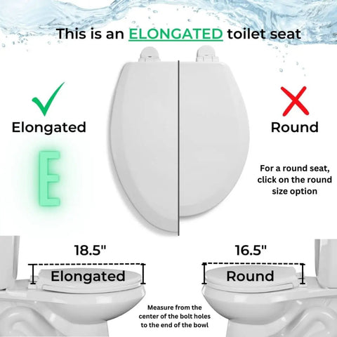 Image comparing elongated vs round toilet seat sizes, featuring Sleek Black Elongated Toilet Seat With Top Mount Plastic Hinges.