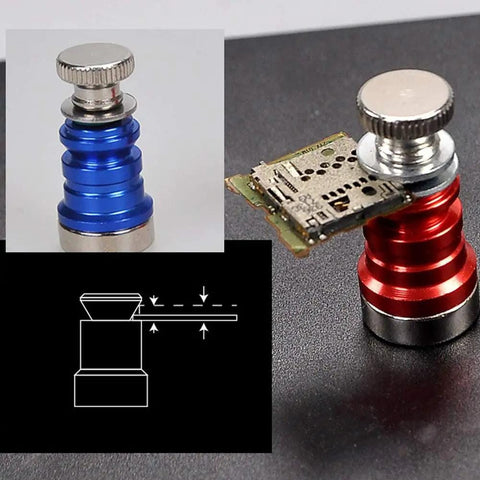 Go-To Magnetic Helping Hand With Four PCB Pillars And Three Magnifying Lamps showing red and blue magnetic pillars with PCB support.