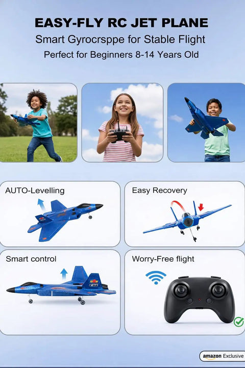F-22 Raptor Inspired RC Plane With 2.4GHz Control, durable foam jet, kids flying, smart gyro stabilization, easy takeoff