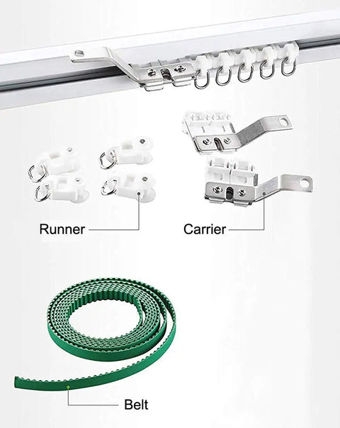 Heavy Duty Smart Curtain Rod System With Remote And WiFi Control, Alexa And Google Home Compatible, TuyaSmart SmartLife App, Quiet Aluminum Motor, 80 LB Load Capacity, 16.4 Ft Length, Easy Install, Plug And Play, Durable And Long Lasting, track runners and belt