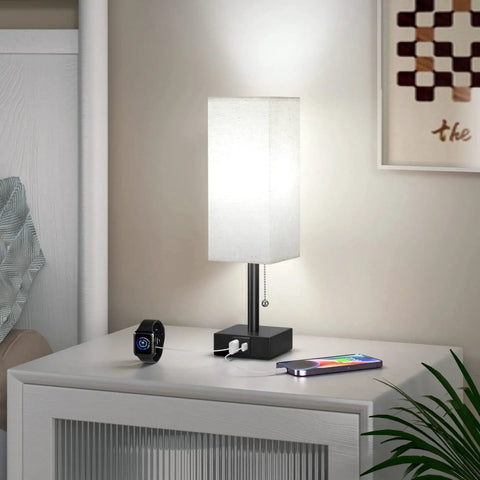 Cozy Bedside Table Lamp With 3 Color Temperatures 3000K 4000K 5000K, USB C And USB A Ports, pull chain light on white table