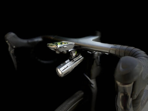 All In One Aero Handlebar Out Front Bike Mount For Cycling Computers And GoPro With Built In Light Attachment on bike