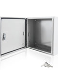 Rock Solid 16X16X6 Inch Electrical Junction Box With Safety Locks Wall Mounted Indoor Outdoor Steel Enclosure open view with key.