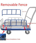 Rugged Heavy Duty Folding Flatbed Cart With Guardrail Enclosure And Beefy Steel Frame For Easy Hauling At The Jobsite, Garage, Or Warehouse, Smooth Rolling Wheels, 60x90x88 CM removable fence detail