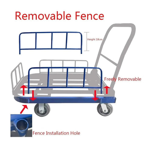 Rugged Heavy Duty Folding Flatbed Cart With Guardrail Enclosure And Beefy Steel Frame For Easy Hauling At The Jobsite, Garage, Or Warehouse, Smooth Rolling Wheels, 60x90x88 CM removable fence detail