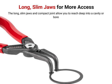 7 Inch 90 Degree External Retaining Ring Pliers With 0.070 In Tips showing slim jaws gripping a lock ring