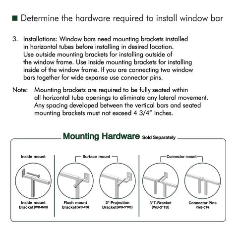 Diagram showing mounting hardware for heavy duty window bars with spear point design, including brackets and connector pins.