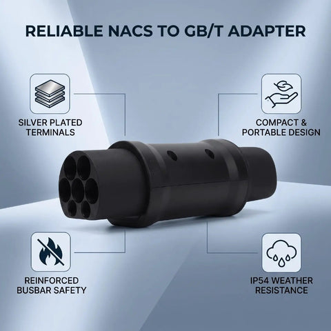 Heavy Duty Plug And Play Nacs To Gbt Ev Charging Adapter 48a Ac Slow Charge Weather Tough with silver plated terminals and compact design.