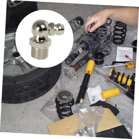 Grease Fitting Assortment Kit 10 Piece Set With Straight And Angled Nipples For Machines and Vehicles, shown with automotive parts.