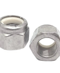 Rugged Nylon Insert Hex Lock Nuts Crafted From Pure 304 Stainless Steel With Fine Half Inch 20 Thread That Grips Machine Bolts Dead Tight Perfect For Workshop Barn And Home Build Outs Pack Of Five - Close-up view of two nuts.