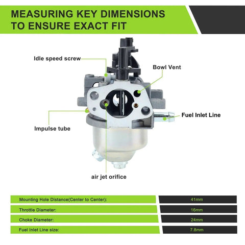 Dimensions of Carburetor Replacement Kit For Kohler Courage XT-6 XT-7 Engines Plug And Play 149cc shown with labels