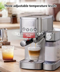Top Shelf 20 Bar Espresso Machine With Built In Milk Frother And Three Speed Temperature Control makes cappuccinos and lattes with adjustable temperature.