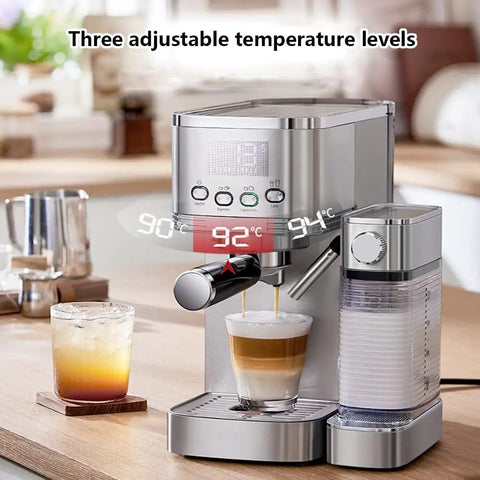 Top Shelf 20 Bar Espresso Machine With Built In Milk Frother And Three Speed Temperature Control makes cappuccinos and lattes with adjustable temperature.