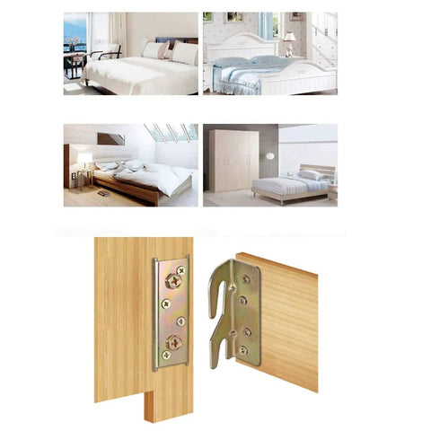 No Nonsense Heavy Duty Bed Rail Brackets Kit With Rock Solid Wood Frame Connectors Plates And Mounting Screws Set Of 4 close-up of connectors on wooden bed frame