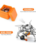 Windproof 3500W Camp Stove Portable Gas Stove With Piezo Ignition shown folded in carry case and assembled with adapters