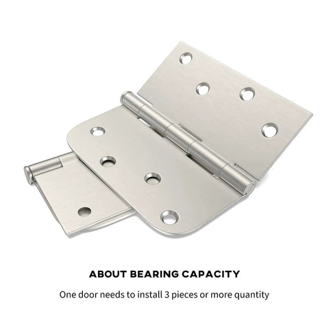Close-up of Three Pack Satin Nickel Door Hinges 4 Inch By 4 Inch Iron Hinges With Square And Round Corners Includes 24 Matching Screws