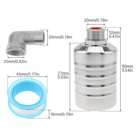 Auto Fill Float Valve 1/2 To 3/4 Inch With 304 Stainless Steel Construction, Durable Water Level Shutoff Valve For Trough Systems, Includes 2 O-Rings, Elbow, And 1/2 To 3/4 Inch Adapter, dimensions shown