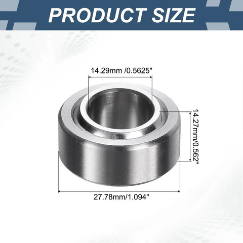 COM9T Spherical Plain Bearings 2 Pack 9/16 Inch Chrome Steel Bushings showing dimensions 14.29mm ID, 27.78mm OD.
