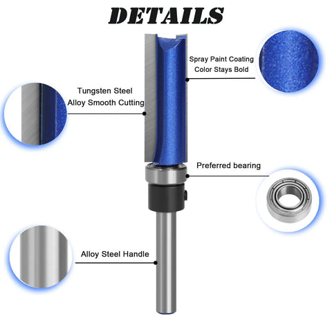 Top Bearing Flush Trim Router Bit Set Pro Grade Four Piece With Quarter Inch Shank Delivers Ultra Smooth Splinter Free Edges for cabinet making detail view with tungsten steel alloy and spray paint coating.