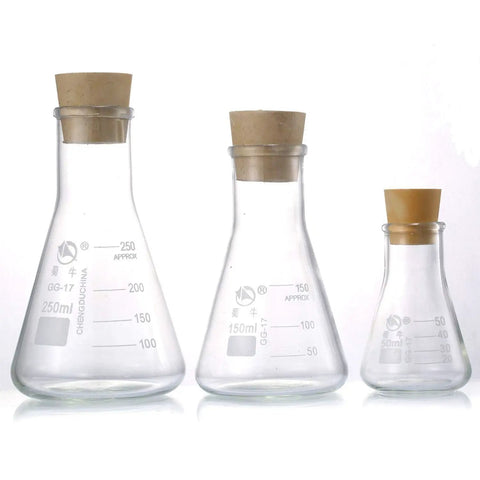 Must Have Three Piece Glass Erlenmeyer Flask Set With Rubber Stoppers And Precise Scales Borosilicate Lab Flasks In 250ml 150ml And 50ml