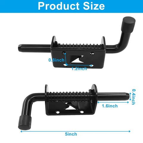Top Shelf Premium Steel Heavy Duty 2 Pack 5 Inch Spring Loaded Barrel Bolt Latch Pin Black dimensions diagram with measurements.