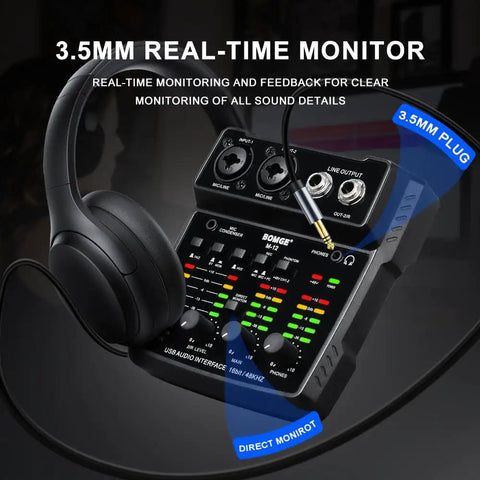M12 USB Audio Interface With 2 Channel Mixer XLR And 3.5mm Input 48V Phantom Power Plug And Play Sound Card with headphones