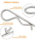 Close-up of 30 Pack M2.5 X 50mm Stainless Steel R Clips Hairpin Cotter Pins with polished surface and anti-corrosion notes