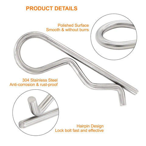 Close-up of 30 Pack M2.5 X 50mm Stainless Steel R Clips Hairpin Cotter Pins with polished surface and anti-corrosion notes